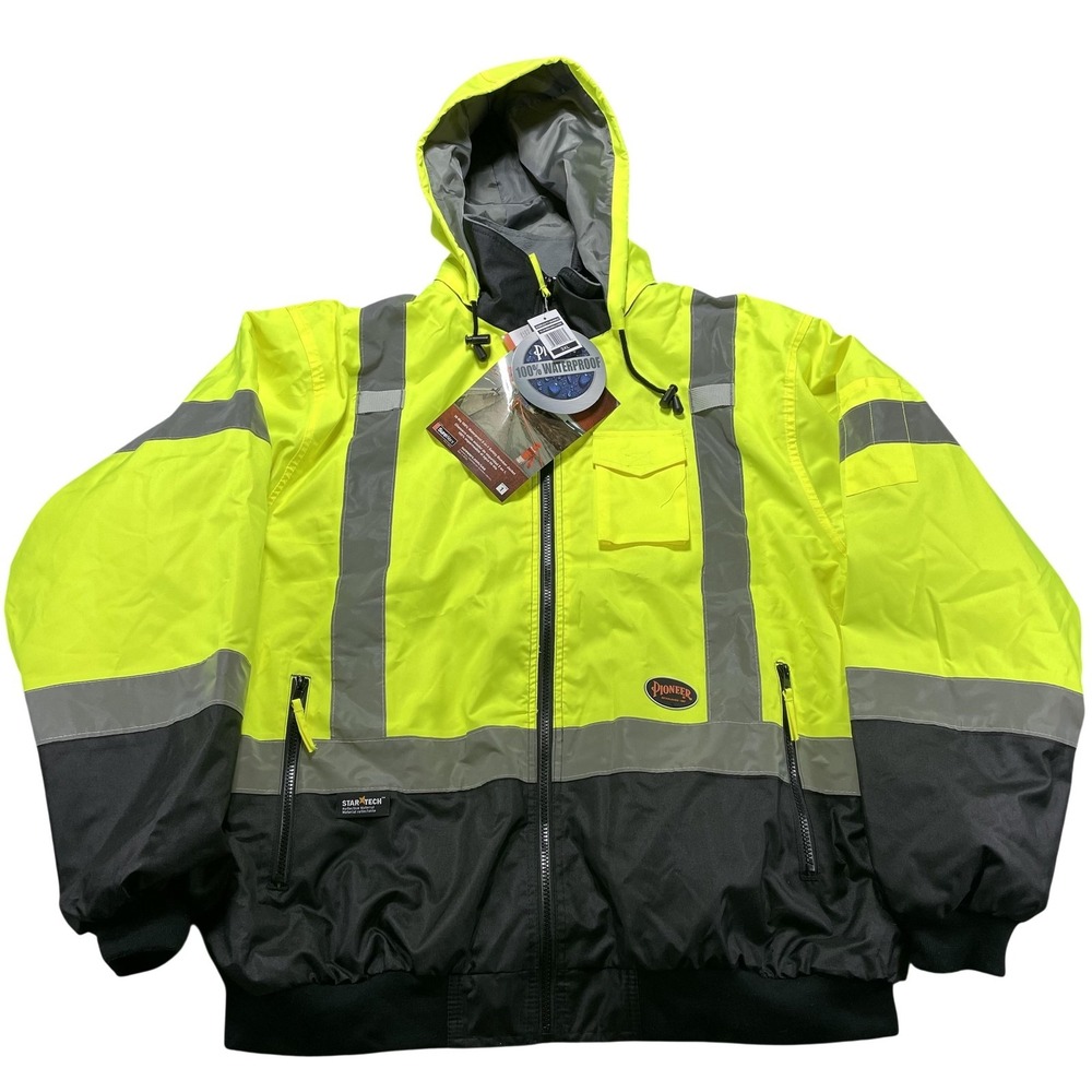 Pioneer Jacket Mens 3XL Yellow Hi-Vis Waterproof Safety Bomber Hooded 5209U